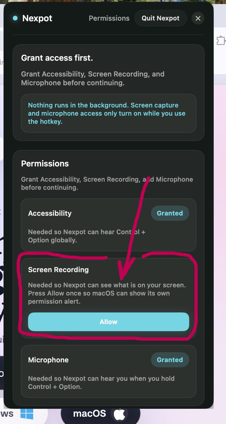 Nexpot permissions panel with the Screen Recording Allow button highlighted.