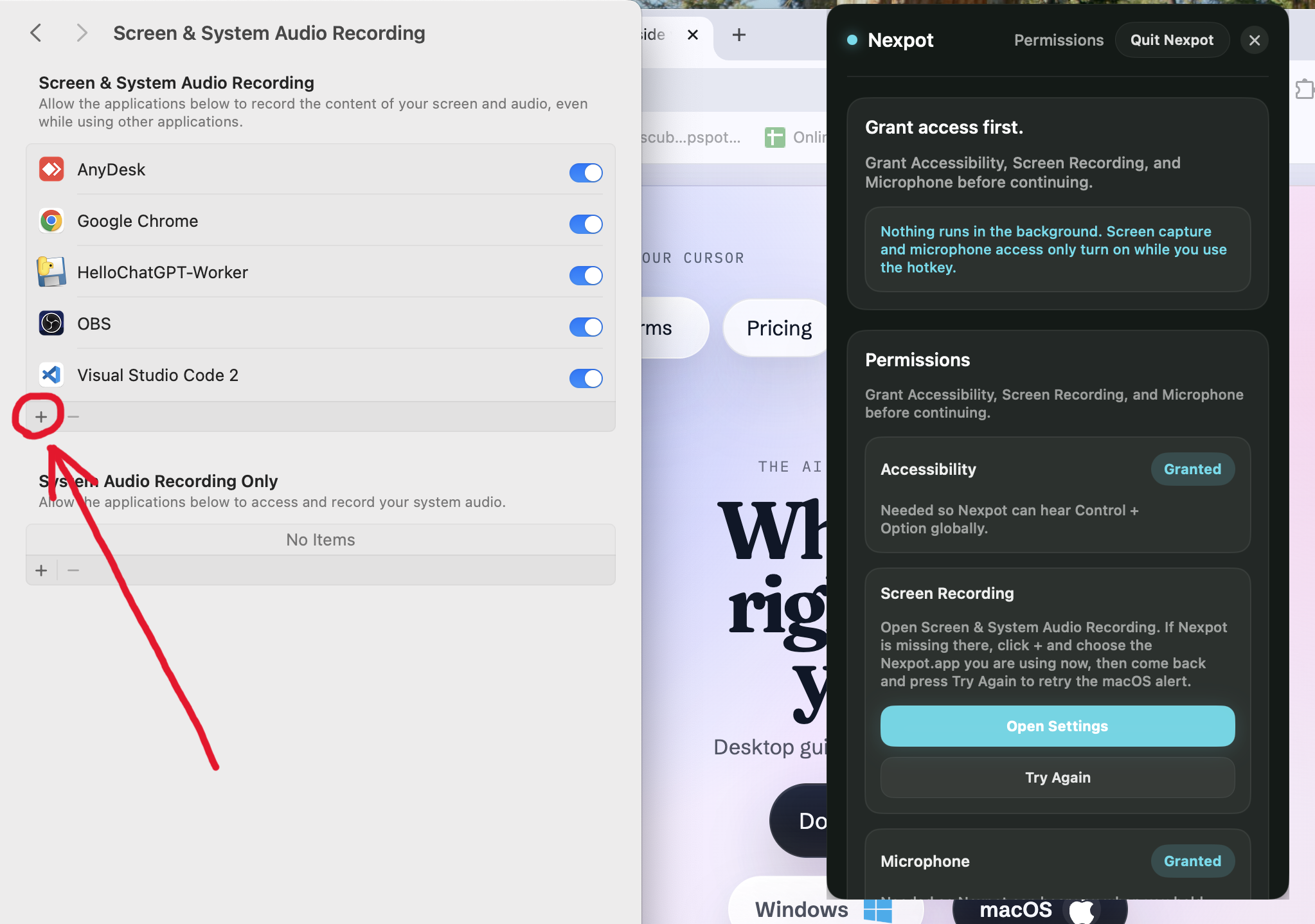 macOS Screen & System Audio Recording settings with the plus button highlighted.