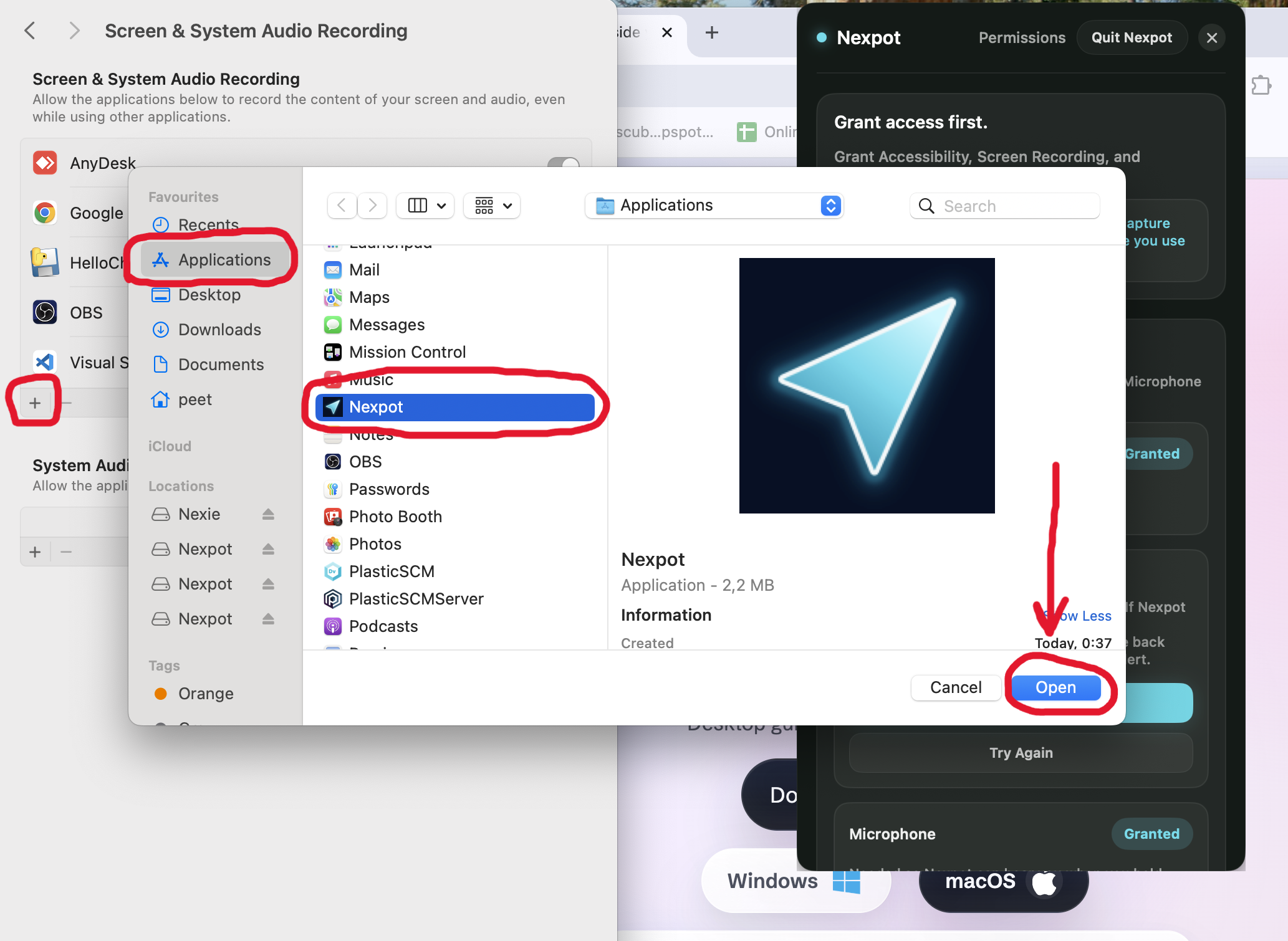 macOS file picker showing Applications, Nexpot selected, and the Open button highlighted.