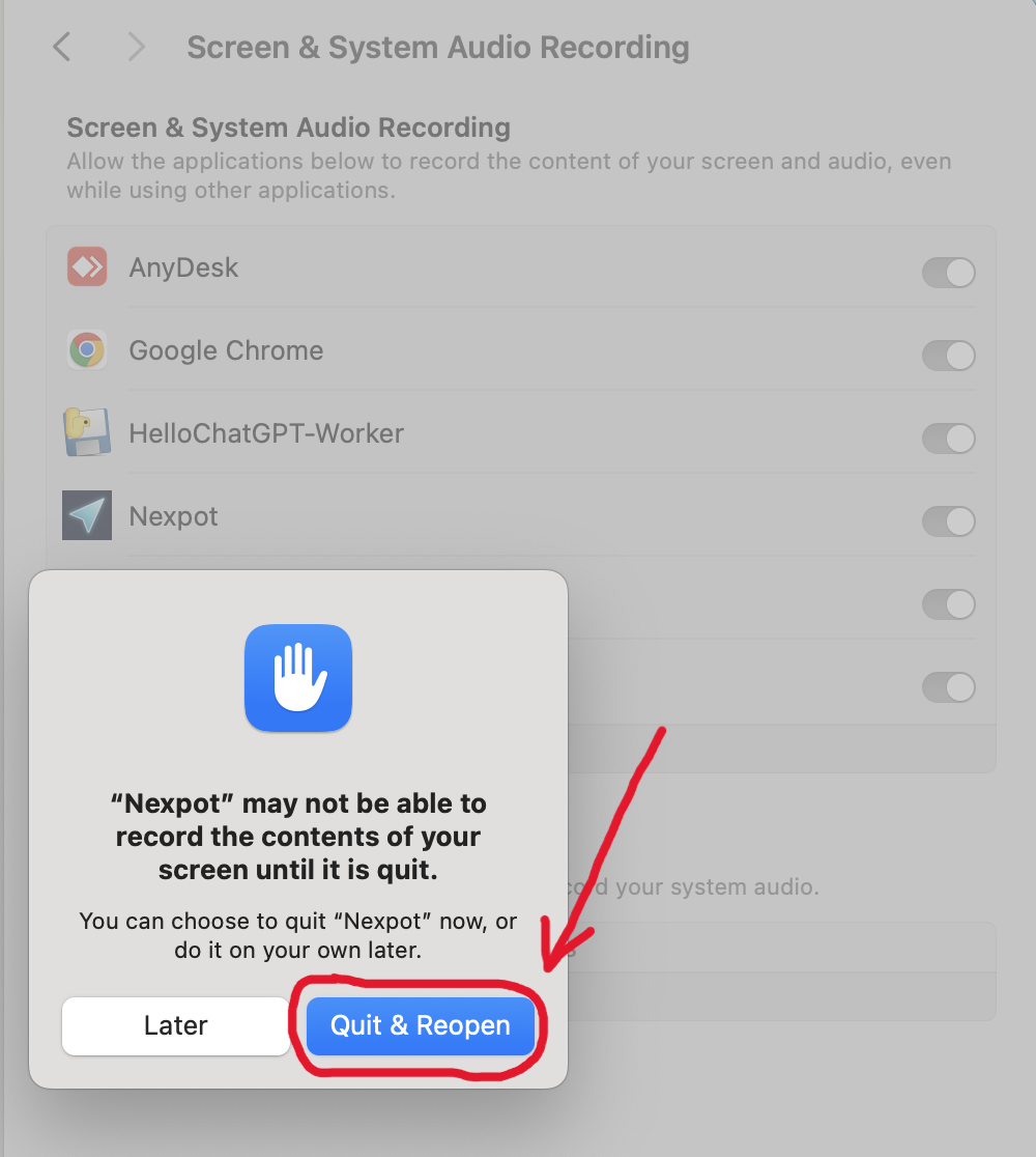 macOS permission dialog showing the Quit & Reopen button.