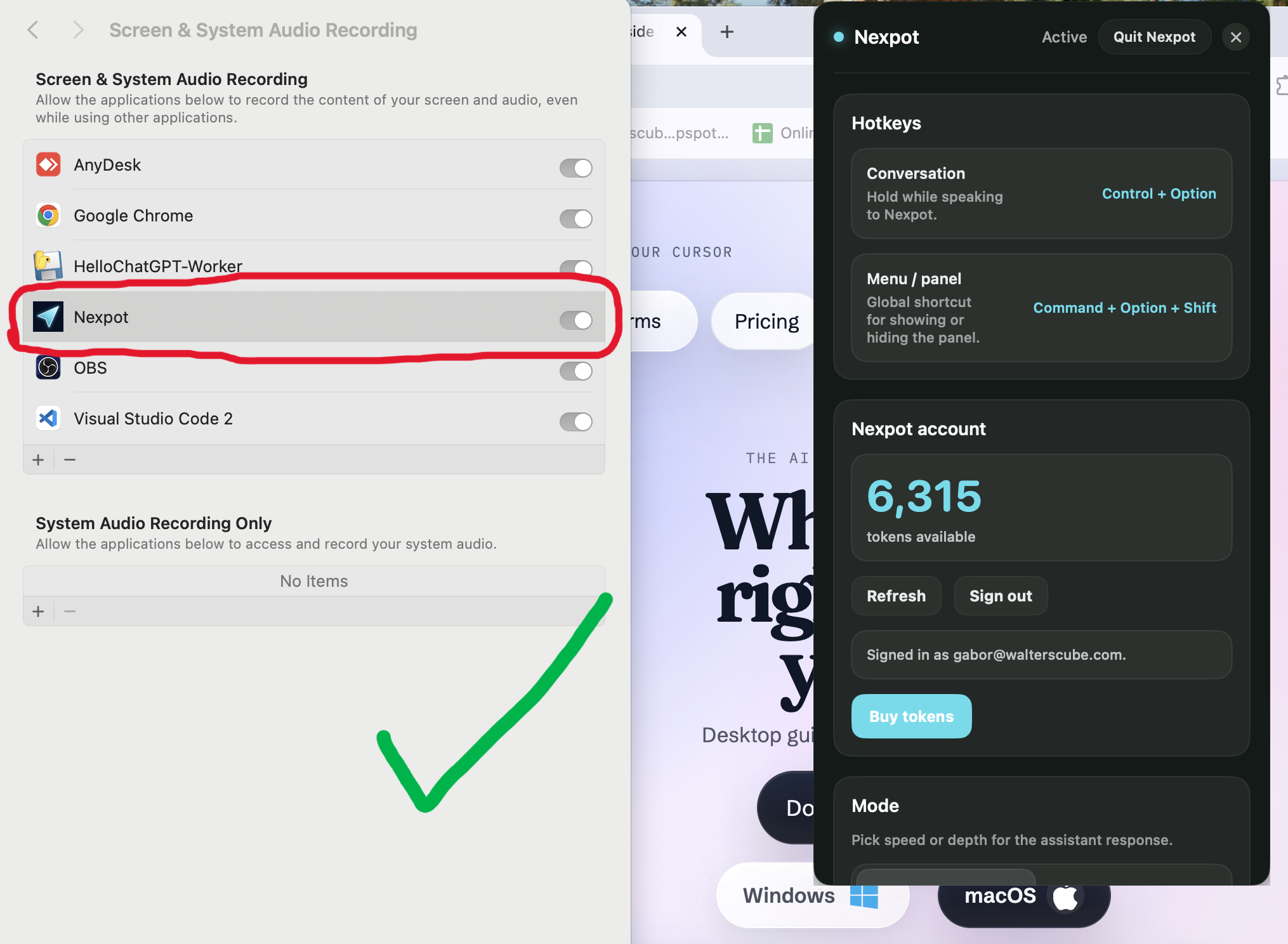 macOS Screen & System Audio Recording settings showing Nexpot enabled, next to the Nexpot panel with the hotkeys visible.